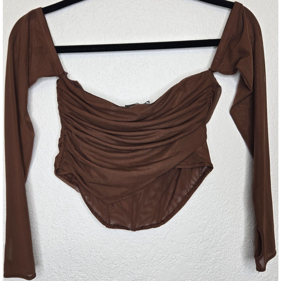 Zara Corset Top Womens Medium Brown Mesh Sheer Cropped Ruched Off Shoulder Y2K - Picture 7 of 12